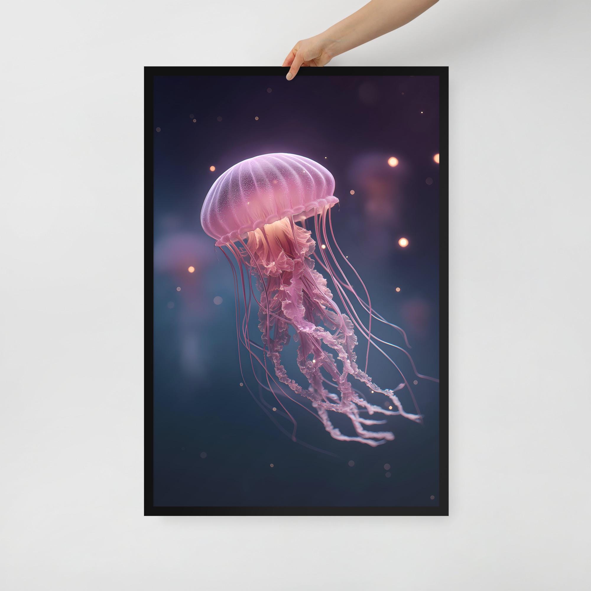 Jellyfish Wall Art – Framed Poster Print – Ethereal Ocean Decor or Deep Sea Gift – 3 Size Options