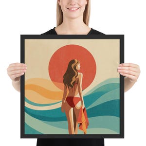 Stampa bikini rosso da spiaggia – Moderna arte di moda con vista posteriore e toni estivi retrò e oceanici