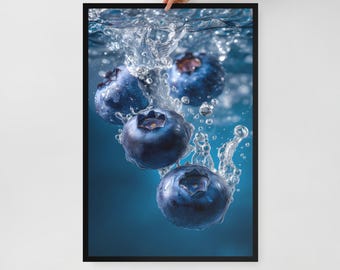 Blueberries Underwater Wall Art – Framed Poster Print – Kitchen Decor or Berry Lover Gift – 3 Size Options