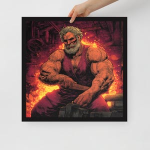 Poster Pop Art del dio greco Efesto con cornice, stampa artistica AI, carta opaca, decorazione da parete in bianco e nero o legno, diverse dimensioni