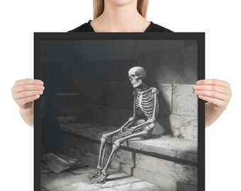 Skeleton in Stillness Etching Poster – Framed Halloween Artwork of a Seated Skeleton in Reflection with Moody Shadows and Bone Detail