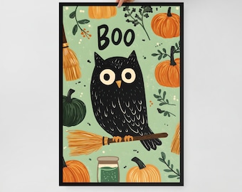 BOO Owl Halloween Wall Art – Framed Poster Print – Cute Green Background Fall Decor – 3 Size Options