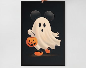 Cartoon Ghost Halloween Wall Art – Framed Poster Print – Trick-or-Treat Mouse Ears Decor – 3 Size Options