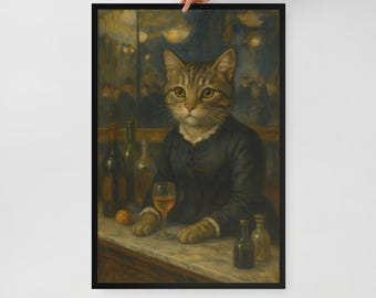 Bar at the Folies Cat Wall Art – Framed Poster Print – Moody Bar Decor for Cat Lovers – 3 Size Options