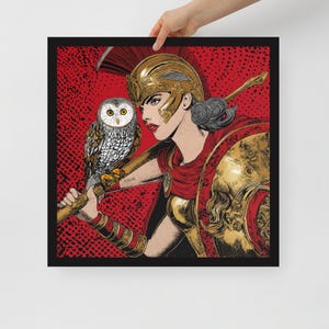 Poster Pop Art della dea greca Atena con cornice, stampa artistica AI, carta opaca, decorazione da parete in bianco e nero o legno, diverse dimensioni