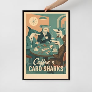 Arte de parede com café e tubarões de cartas – Impressão em pôster emoldurada – Decoração retrô para sala de pôquer – 3 opções de tamanho