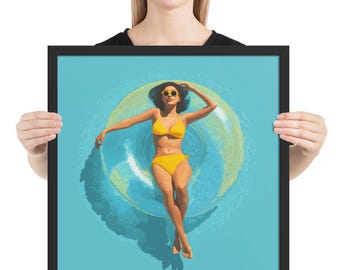 Floating in Pool Art – Yellow Bikini Summer Print with Retro Swim Style and Blue Water