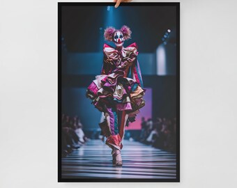 Runway Clown Fashion Wall Art – Framed Poster Print – Avant-Garde Room Decor – 3 Size Options