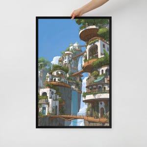 Solarpunk Cliff City Wall Art – Framed Poster Print – Futuristic Nature Decor – 3 Size Options