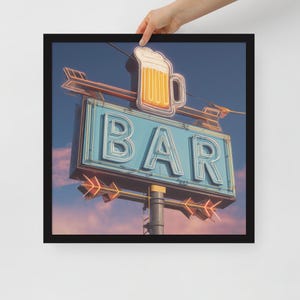 Vintage Bar Sign Wall Art – Framed Retro Neon Print – Bold Man Cave Decor for Beer Lovers & Home Bars