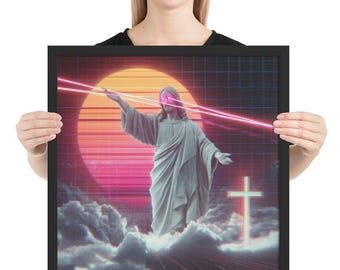 Laser-Eyed Vaporwave Jesus – Surreal 80s Christian Satire Print – Neon Faith Poster for Bold Spiritual Walls