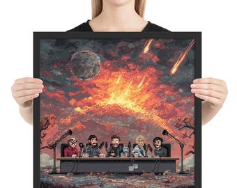 Influencer Apocalypse Pixel Art Print – Framed Retro Satire Wall Poster Featuring Ring Lights, Likes, and End-of-the-World Livestream Chaos