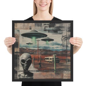 Area 51 Alien Collage – Surreal Conspiracy Art with UFOs and Redacted Files
