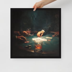 Décoration murale de salle de poker - Impression de casino encadrée en noir - Décoration de caverne d'hommes à enjeux élevés pour les parieurs et les joueurs de cartes