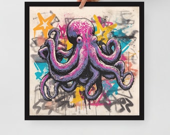 Framed Graffiti Octopus Wall Art – AI Generated Zoo Animal Print