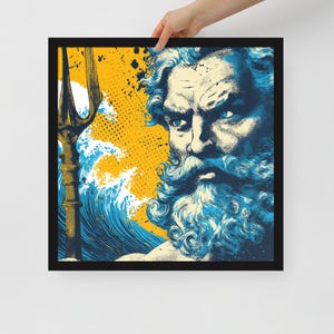 Poster Pop Art del dio greco Poseidone con cornice, stampa artistica AI, carta opaca, decorazione da parete in bianco e nero o legno, diverse dimensioni