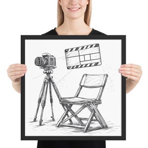 The Director’s Gaze – Minimalist Filmmaking Poster | Director Chair Line Art Print | Black and White Film Decor | Square Wall Art