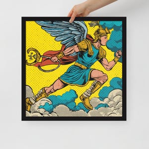 Poster Pop Art Hermes, dio greco, con cornice, stampa artistica AI, carta opaca, decorazione da parete in bianco e nero o legno, diverse dimensioni