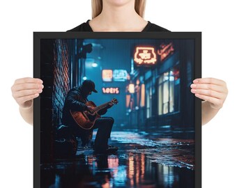 Street Guitarist in Rain Wall Art | Grunge Urban Music Poster | Emotional Man Cave Print