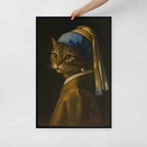 Girl with a Pearl Earring Cat Wall Art – Framed Poster Print – Elegant Cat Lover Gift – 3 Size Options