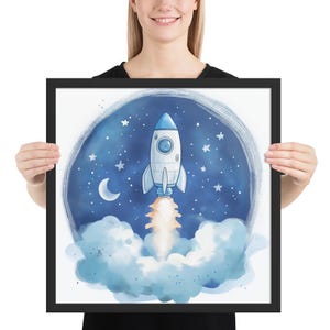 Decorazione murale per cameretta dei bambini con lancio di razzo – Stampa a tema spaziale per cameretta dei bambini – Decorazione da sogno con astronauta blu e bianco