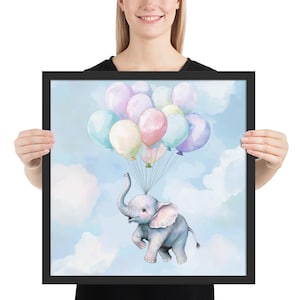 Elefante che galleggia con palloncini, stampa da parete acquerello per cameretta dei bambini – Decorazione da parete con animali in colori pastello tenui e neutri