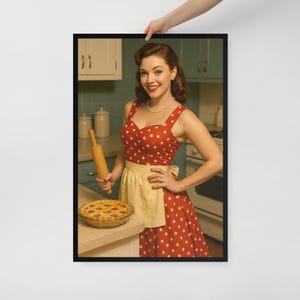 1950s Housewife Pin Up Wall Art – Framed Poster Print – Retro Kitchen Decor – 3 Size Options