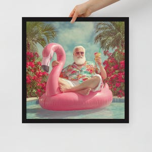 Decorazione murale natalizia di luglio – Poster di Babbo Natale divertente con cornice – Decorazione estiva per casetta con piscina o cabina sulla spiaggia