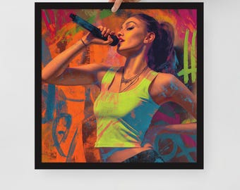 Graffiti Female Rapper Framed AI Art Print Matte Paper Wall Decor In Black White Or Wood Multiple Sizes