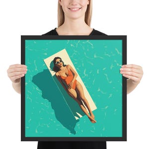 Stampa "Floating in Pool" – Arte di moda estiva dall'alto verso il basso con verde acqua brillante e stile da bagno retrò