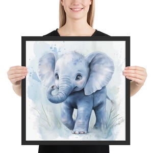 Decorazione murale per cameretta dei bambini con elefantino, acquerello, motivo: safari, giungla, per ragazzi, decorazione blu tenue per bambini.