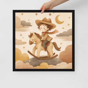 Stampa artistica con cornice in carta opaca, decorazione da parete, motivo "Cowboy Rocking Horse Nursery", in bianco e nero o legno, diverse dimensioni