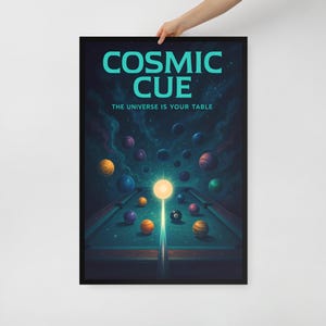 Cosmic Cue Billiards Wall Art – Framed Poster Print – Space Pool Room Decor – 3 Size Options