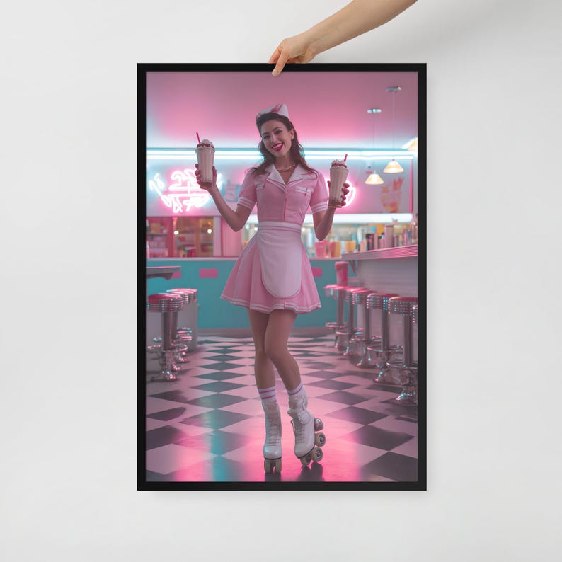 Retro Diner Waitress Poster Wall Art Framed Poster Print 1950s