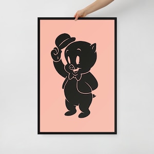Póster de Porky Pig para pared – Silueta minimalista enmarcada de dibujos animados – Decoración de Looney Tunes – Disponible en varios tamaños
