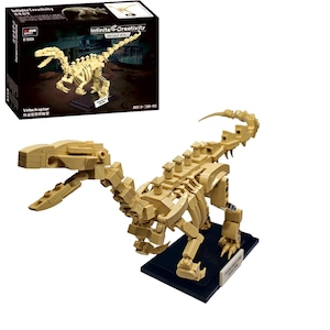 May include: A tan Velociraptor dinosaur model made from interlocking building blocks, displayed on a black base with a white label. The box in the background reads "Infinite Creativity Dinosaur World". The model is made of 350+ pieces.