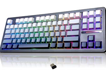 Op de afbeelding: Een zwart en grijs mechanisch toetsenbord met witte en grijze toetsen. Het toetsenbord heeft meerkleurige LED-achtergrondverlichting. Een kleine USB-ontvanger bevindt zich voor het toetsenbord.