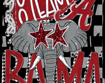 May include: A graphic design featuring a gray elephant with red glitter star-shaped sunglasses. The word "BAMA" is in red with a houndstooth pattern, and the text "GO TEAM" is on a red banner. The background is a black and white checkered pattern.