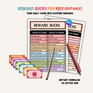 May include: Printable reward bucks for kids, designed to motivate children to complete daily tasks. The image shows a list of tasks and rewards, along with colorful play money in various denominations. Includes a red pen and a pencil.