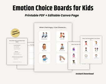 Kids Emotion Choice Board Printable, Calm Down Tools for Big Feelings and Emotional Regulation Cards (Editable Canva + PDF)
