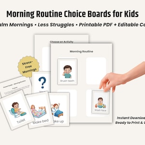 Kids Morning Routine Choice Board, Visual Schedule Cards (Printable PDF, Editable Canva)