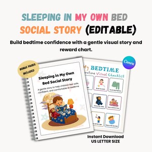 Sleeping in My Own Bed Social Story Printable, Editable Canva Template, Bedtime Routine Chart, Reward Chart, Toddler Sleep Story, Preschool