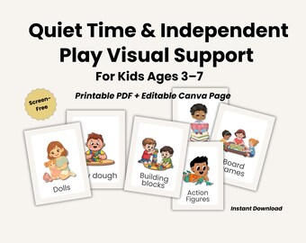 Quiet Time & Independent Play Visual Cards Printable, Kids Routine Cards, Toddler Calm Down Activities, Autism ADHD Support, Canva template