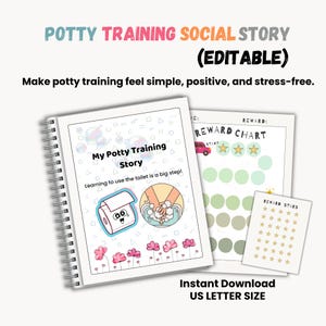 Quadro de recompensas e história social editável para o desfralde, material imprimível para treinamento do desfralde, rotina visual para crianças pequenas, recurso para autismo e pré-escolares.