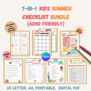 Könnte beinhalten: Ein Bundle mit sieben druckbaren Checklisten für Kinder, darunter eine Reinigungscheckliste, eine Belohnungstabelle und eine Schlafenszeit-Checkliste. Die Checklisten sind für Kinder mit ADHS konzipiert und beinhalten einen Bonus für Eltern. Als digitales PDF in A4- und US Letter-Größe verfügbar.