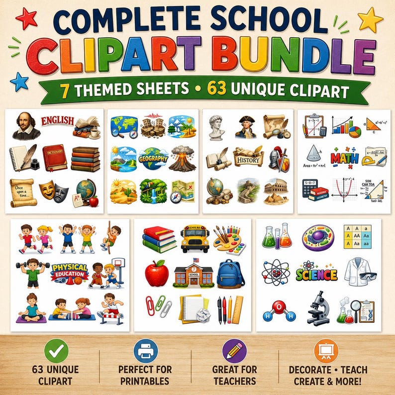 May include: A digital clipart bundle featuring 63 unique school-themed illustrations across 7 sheets. The collection includes icons for English, Geography, History, Math, Physical Education, and Science, such as books, globes, maps, and students.