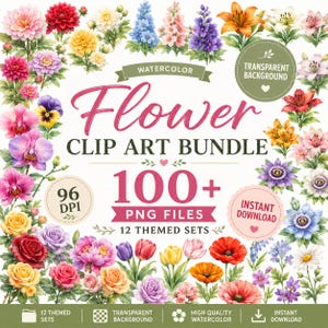 May include: A watercolor flower clip art bundle featuring a variety of colorful flowers, including roses, orchids, and lilies. The image includes the text "Flower Clip Art Bundle" and "100+ PNG Files". The image also states "Transparent Background" and "Instant Download".