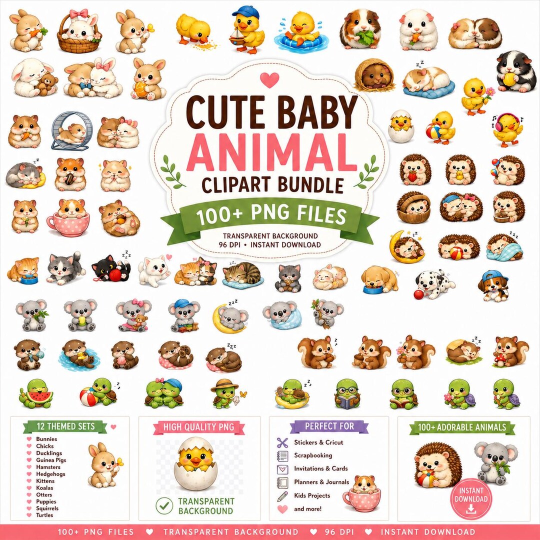 Baby Animal Clipart Bundle PNG, Cute Kawaii Animals, Nursery Clip Art ...