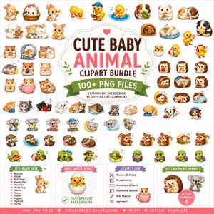 May include: A collection of cute baby animal clipart in various poses, including bunnies, ducklings, and koalas. The image includes the text "CUTE BABY ANIMAL CLIPART BUNDLE" and "100+ PNG FILES".