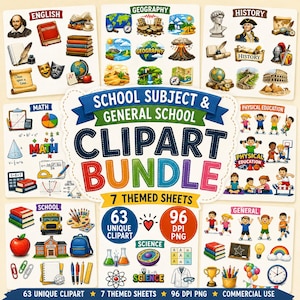 Skol Clipart-paket, Klassrumsclipart PNG, Lärarclipart-set, Utbildningsgrafik, 63 Clipart, 7 Skolämnen, Digital Nedladdning